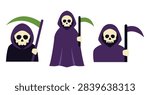 A set of three stylized grim reaper illustrations featuring skulls in purple hoods holding scythes on a white background