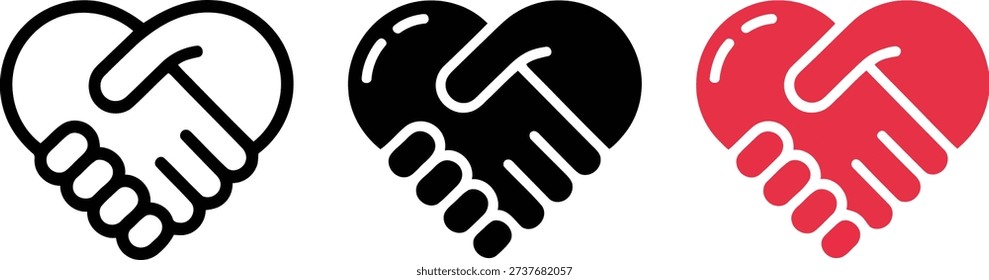 Set of three stylized heart icons featuring a handshake, representing concepts of love, partnership, trust, and collaboration.