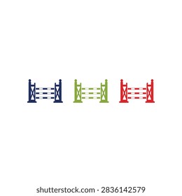 A set of three stylized horse jumping hurdles featuring horizontal poles and vertical supports in distinct blue green and red color variations
