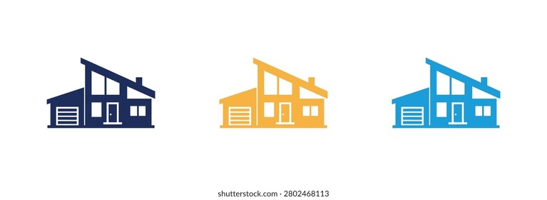 A set of three stylized house icons, featuring modern architectural designs with sloped roofs and prominent windows, rendered in blue, yellow, and cyan hues. Ideal for real estate, housing, or property-related concepts.