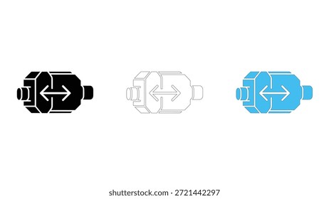 A set of three stylized icons depicting a network router or modem device. The icons are presented in three different styles: solid black silhouette, thin white outline, and solid blue fill, all featur