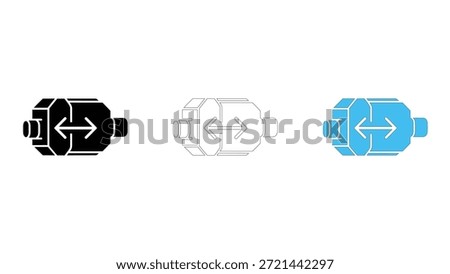 A set of three stylized icons depicting a network router or modem device. The icons are presented in three different styles: solid black silhouette, thin white outline, and solid blue fill, all featur