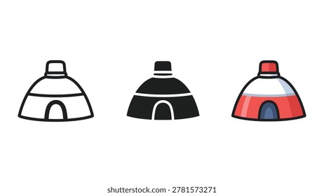 Set of three stylized igloo dwellings, each with a chimney emitting smoke. Simple flat vector shapes in monochrome and color variations.