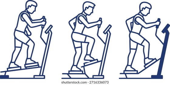 Conjunto de tres ilustraciones estilizadas que representan a un hombre ejercitándose en una máquina de entrenamiento elíptica