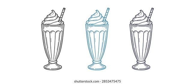 A set of three stylized illustrations of milkshakes, each topped with whipped cream and a straw, presented in a clean, graphic style.