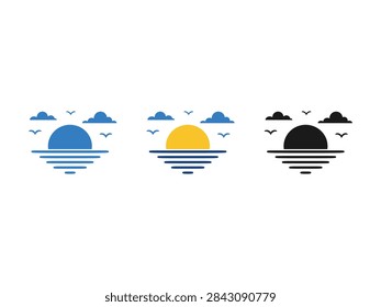 A set of three stylized landscape icons depicting a sun setting over the ocean with clouds and flying birds in blue yellow and black versions