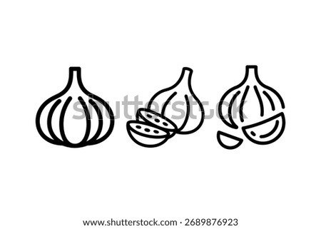 A set of three stylized line art icons representing garlic bulbs and cloves, perfect for culinary or health-related designs. Isolated on white.