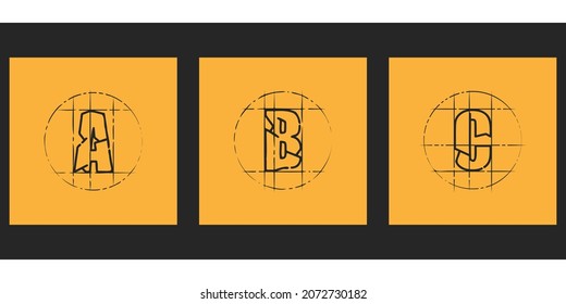 A set of three stylized logos. icons for applications, websites, packaging design. Capital letters A, B, C. Font icons. Thin line illustrations in a futuristic industrial style.