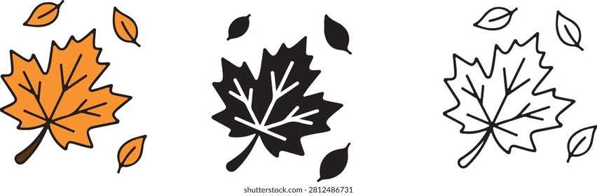 Set of three stylized maple leaf icons featuring flat color solid black silhouette and minimalist linear outline designs for seasonal autumnal graphic design projects