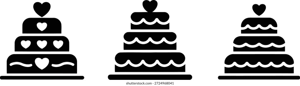 Set von drei stilisierten mehrstufigen Kuchen, alle mit charmanten Herzsymbolen und dekorativen Details, ideal für Feiern.