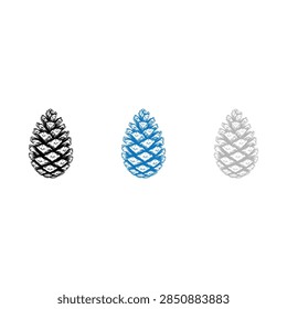 A set of three stylized pine cones rendered in metallic black blue and silver finishes isolated on a plain white background