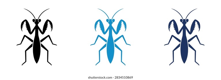 A set of three stylized praying mantis insect silhouettes featuring black light blue and dark blue color variations for graphic design use