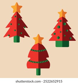 A set of three stylized red Christmas trees with simple geometric shapes and decorative elements. Each tree is decorated with a different design, perfect for holiday design.