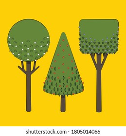 set of three stylized retro 60s 50s geometric mod deco trees