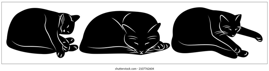 Set of three stylized silhouettes of lying cats. Vector monochrome illustration. Templates, elements for design.