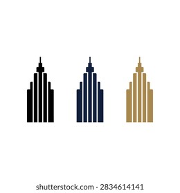 A set of three stylized skyscraper icons featuring vertical lines and a pointed spire in black navy blue and metallic gold colors.