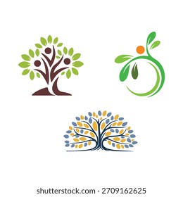 Set of three stylized tree logos with human figures, leaves, and abstract shapes. Ideal for branding and design.