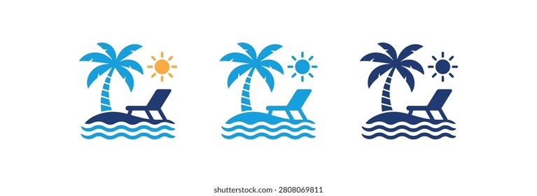A set of three stylized tropical island icons featuring a palm tree sun and lounge chair over ocean waves in blue and yellow colors