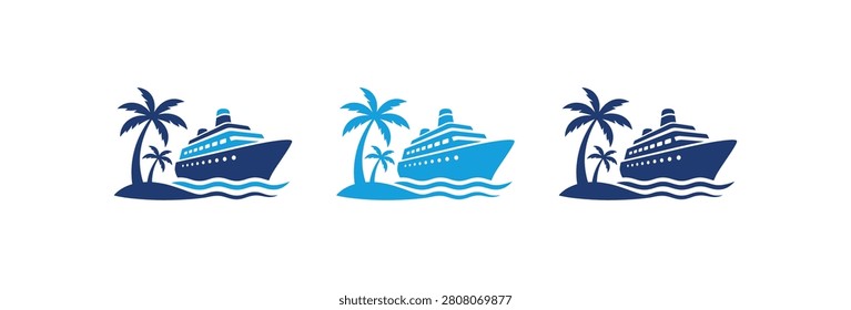 A set of three stylized vector illustrations featuring a luxury cruise liner sailing past a tropical island with palm trees and ocean waves in different shades of blue