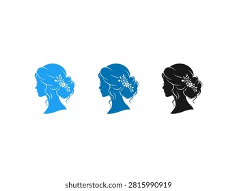 A set of three stylized woman head silhouettes featuring intricate hairstyles and decorative flower pins for beauty and salon branding
