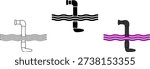 Set of three submarine periscope icons above wavy water in outline, solid black, and colorful style