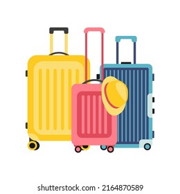 Set of three Suitcases. Travel Suitcases and summer Hat. Family Suitcases. Vacation concept. Element for your Travel design. Flat style, vector illustration.	