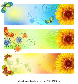 A set of three summer banners with sunflowers and butterflies Clipping Mask