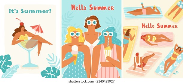 Juego de tres tarjetas de verano o diseños de banner. Imagen vectorial de la gente disfrutando de sus vacaciones de verano en la playa. Estilo retro a la moda. 