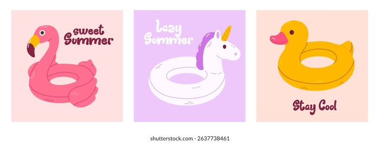 Set of three summer cards featuring inflatable floats with seasonal lettering, great for greeting designs, posters, and kids’ content