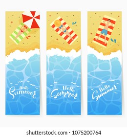 Set of three summer cards with man and woman sunbathing on the sand on the beach in a swimsuit and text Hello Summer, illustration.