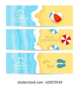 Set of three summer cards with ocean or sea and sandy beach. Lettering Hello Summer with colored beach ball, umbrellas and flip flops with footprints, illustration.