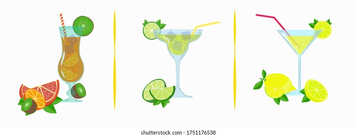 Set of three summer cocktails: Tropical cocktail, Margarita, Martini with bright pieces of fruit and ice isolated on a white background, vector