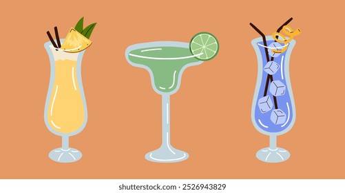 Set of three summer drink on beige background. Vector illustration of cartoon margarita, pina colada and blue lagoon cocktails. Hand drawn classical tropical drinks.