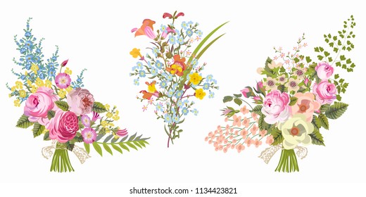 A set of three summer elegant bouquets for your design