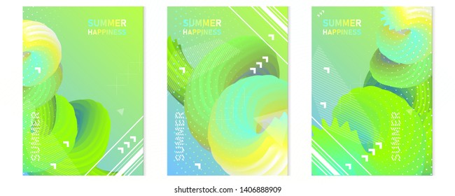 Set of three summer green holiday 3d backgrounds vector Illustration graphic design. Collection of poster  flyer leaflet party poster