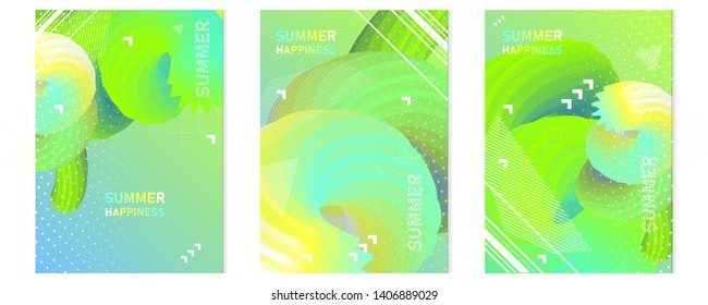 Set of three summer green holiday 3d backgrounds vector Illustration graphic design. Collection of poster  flyer leaflet party poster flash