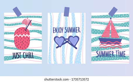 
Set of three summer greeting cards. Greeting card with a cocktail. Postcard with glasses. Postcard with the ship. Vector illustration.