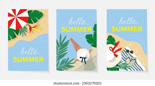 Set of three summer illustrations. Hello summer. Beach vacation.