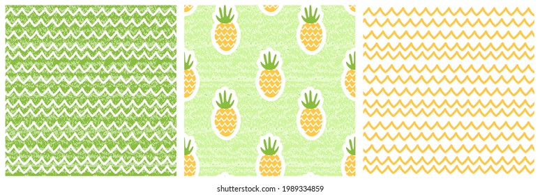 Set of three Summer nature seamless patterns. Vector illustration of waves, sand, pineapples. Shabby, aged effect