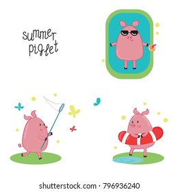 Set of three summer piglet gift cards with a little cute piglet sunbathing in a pool, catching butterflies, preparing to swim in a pond. Vector illustrations on a white background.