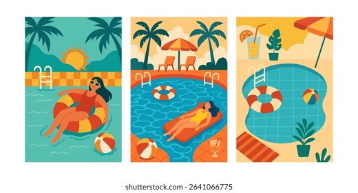 Set of three summer poster designs with woman in pool, beach ball, lifebuoy, umbrella and tropical elements in retro flat style for vacation ads. Vector illustration