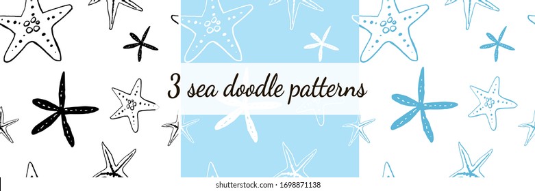 Set of three summer seamless sea life patterns. Isolated and hand drawn doodle icon vector illustration. Line art design, underwater shells backdrop. Endless texture. Tropical vacation. Wallpaper. 