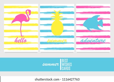 Set of three summer vector cards templates. Pineapple, fish and flamingo on a striped background.