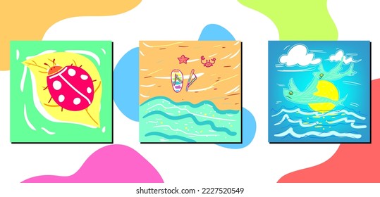 set of three summer wall art vector illustrations with sea, beach and beetle foliage views