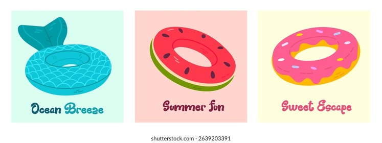 Set of three summer-themed cards with inflatable floats and phrases like Ocean Breeze, Summer Fun, and Sweet Escape, perfect for seasonal designs and kids' prints