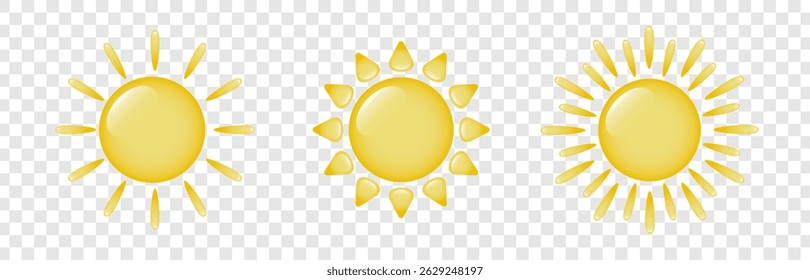 Um conjunto de três ícones do sol em um fundo transparente. O sol com destaques e raios. Logotipo, adesivo de sol. O conceito de verão e clima. Vetor EPS 10
