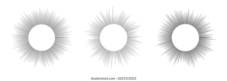Set of three sun symbols. Black sun rays on white background. Vector illustration