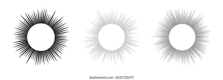 Set of three sun symbols. Black sun rays on white background. Vector illustration
