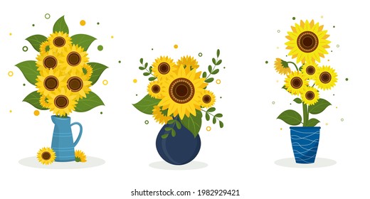 A set of three sunflower bouquets in a blue jug, a blue round vase and a blue vase with white stripes. Vector illustration for your design