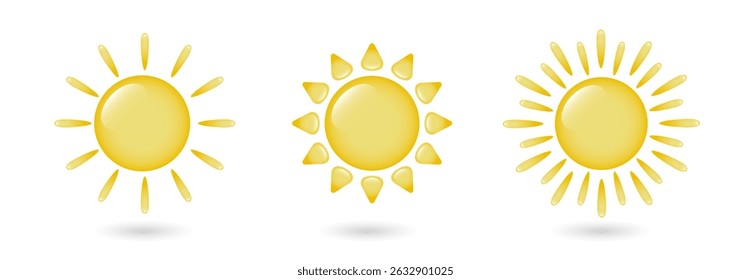 Un conjunto de tres soles con una sombra sobre un fondo blanco. Logos en forma de sol. Vector 10.
